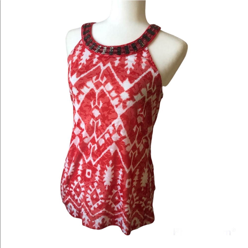 INC International Concept Red & White Sleeveless Racer Back Beaded Top Sz Medium